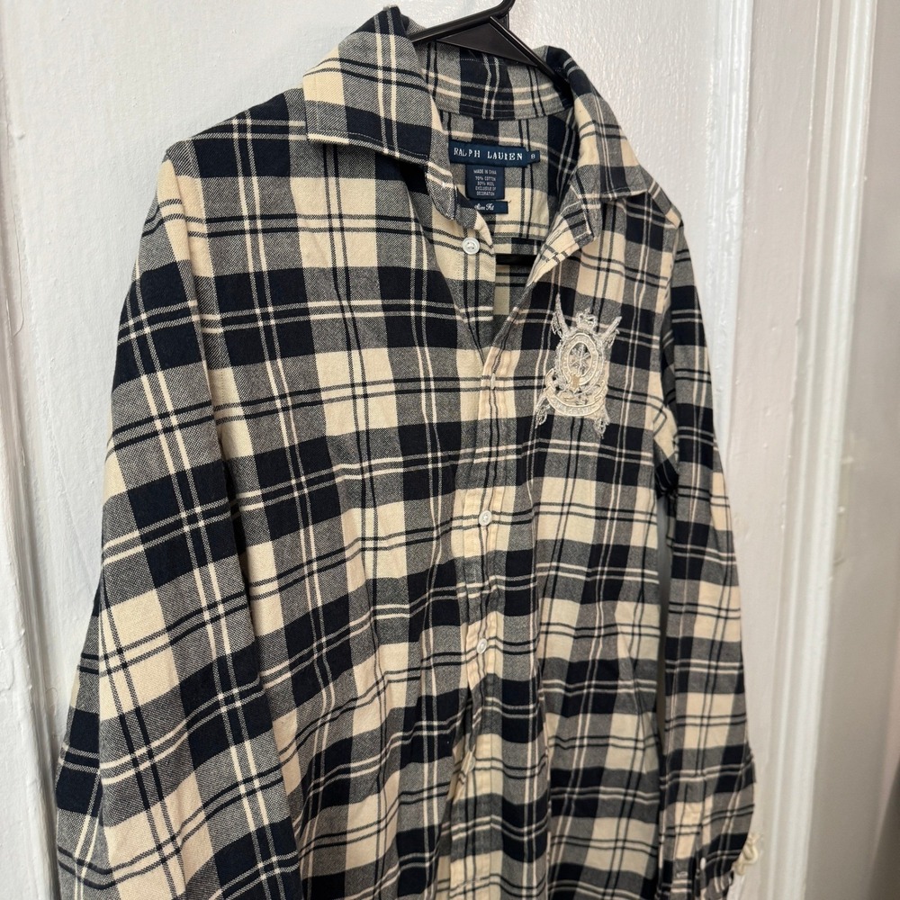 Ralph Lauren Cotton Wool Plaid Slim Fit Shirt Beaded Crest Brown Preppy Academia - Picture 5 of 11